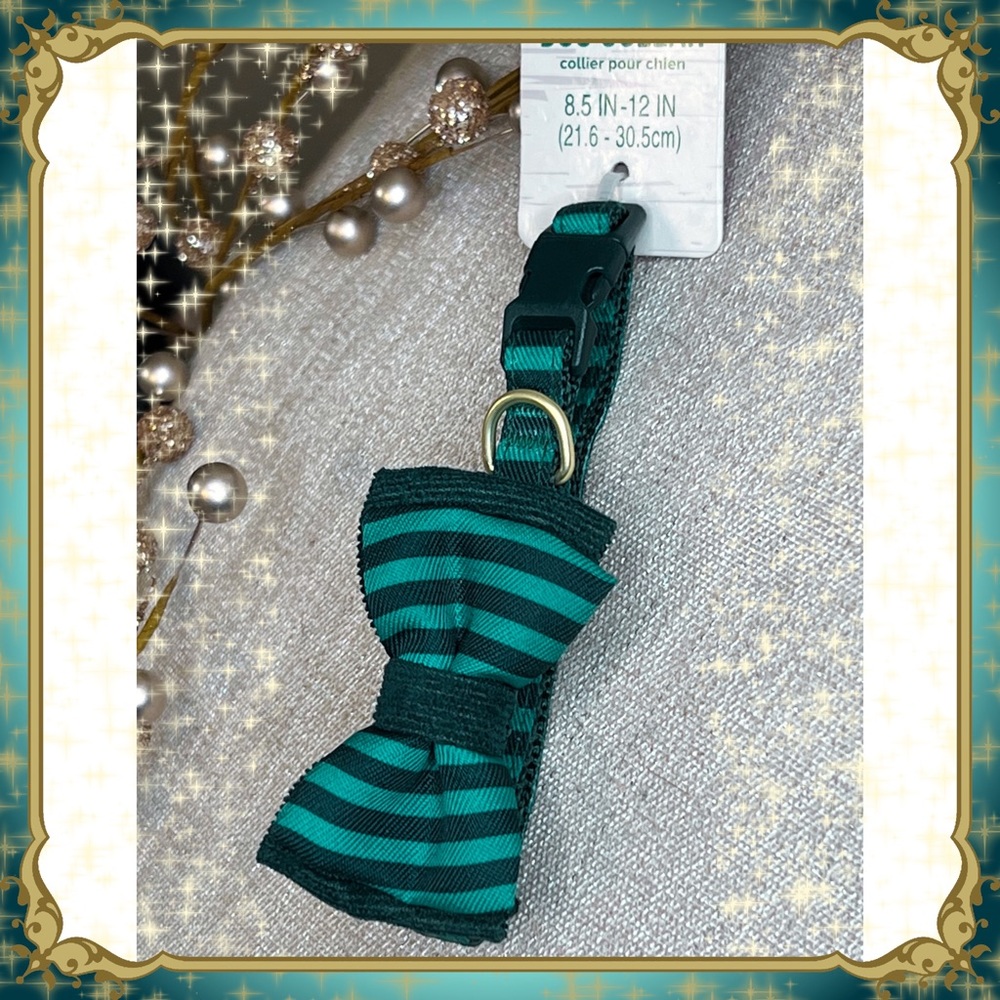 XS Petsmart Dark Green Bow Tie Dog Collar Striped Present Cat Holiday Christmas